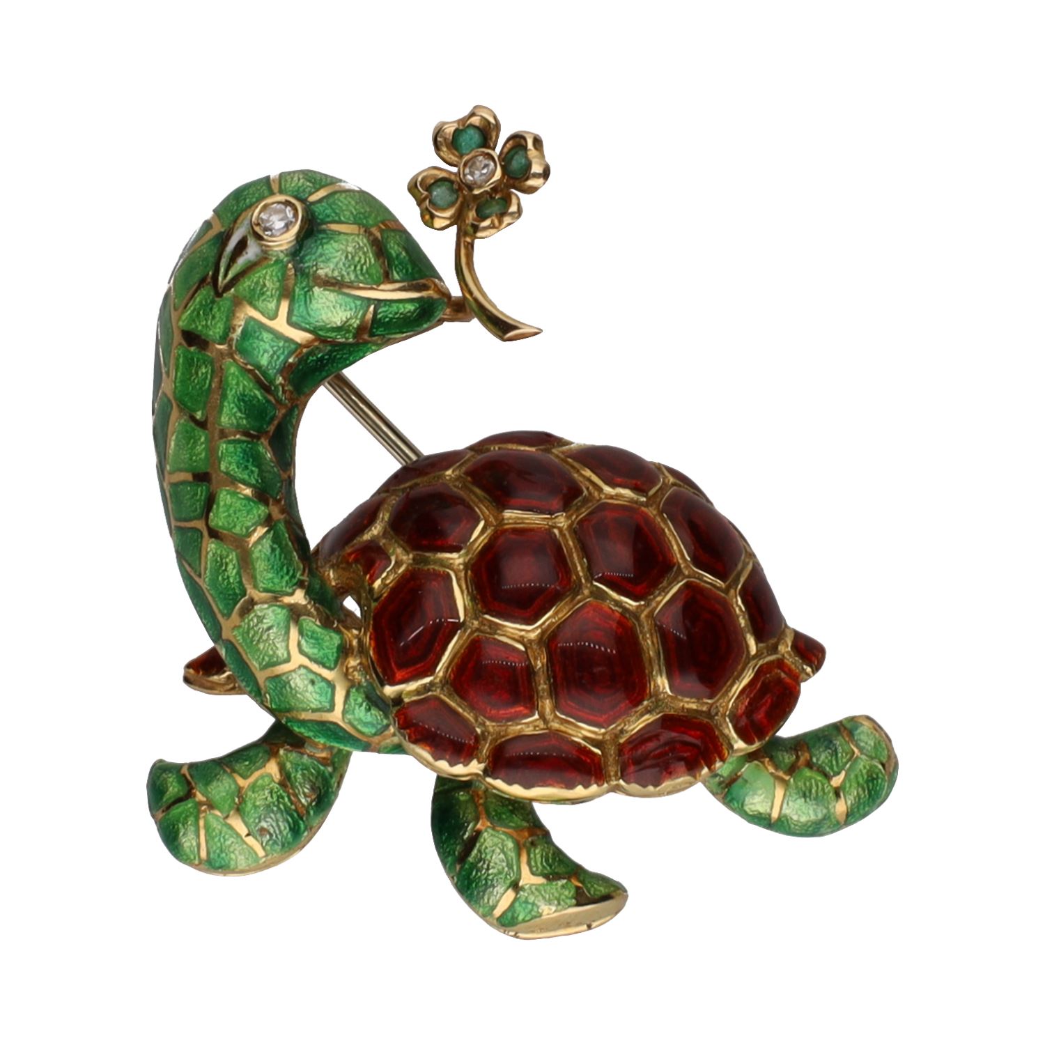 Broche forma de tortuga en oro amarillo esmalte y brillantes.