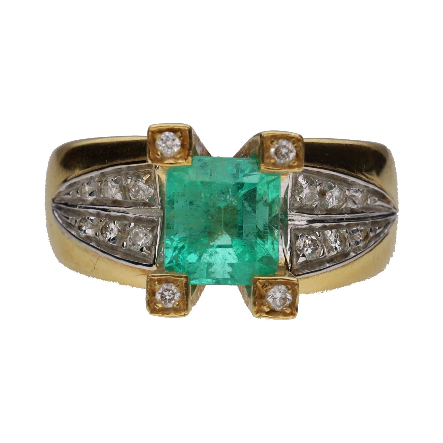 Sortija en oro amarillo con esmeralda y brillantes. Talla 15.