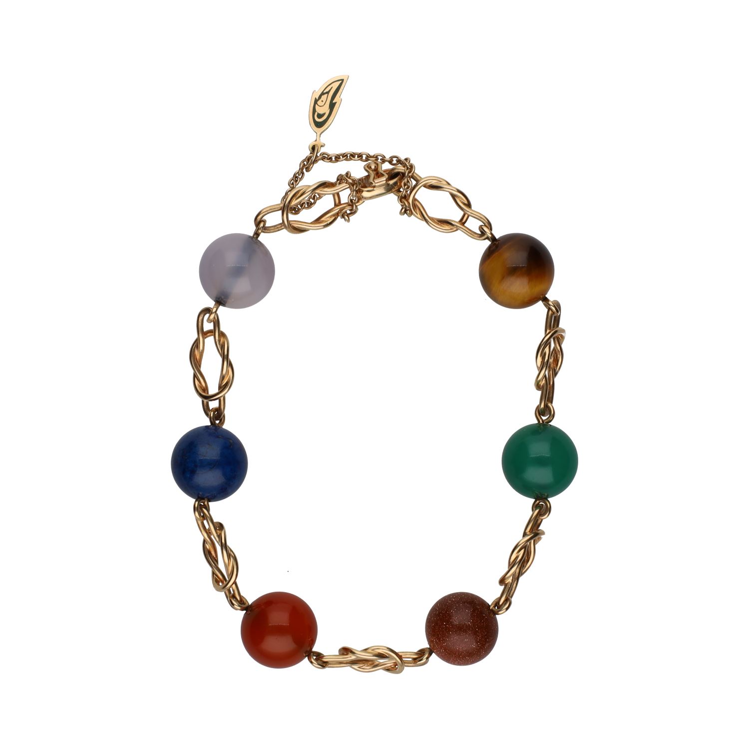 Pulsera en oro amarillo con bolas de piedras de colores.
