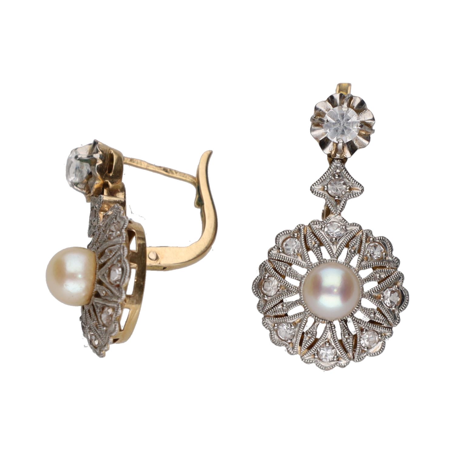Pendientes antiguos en oro amarillo y oro blanco con perla y circonitas.