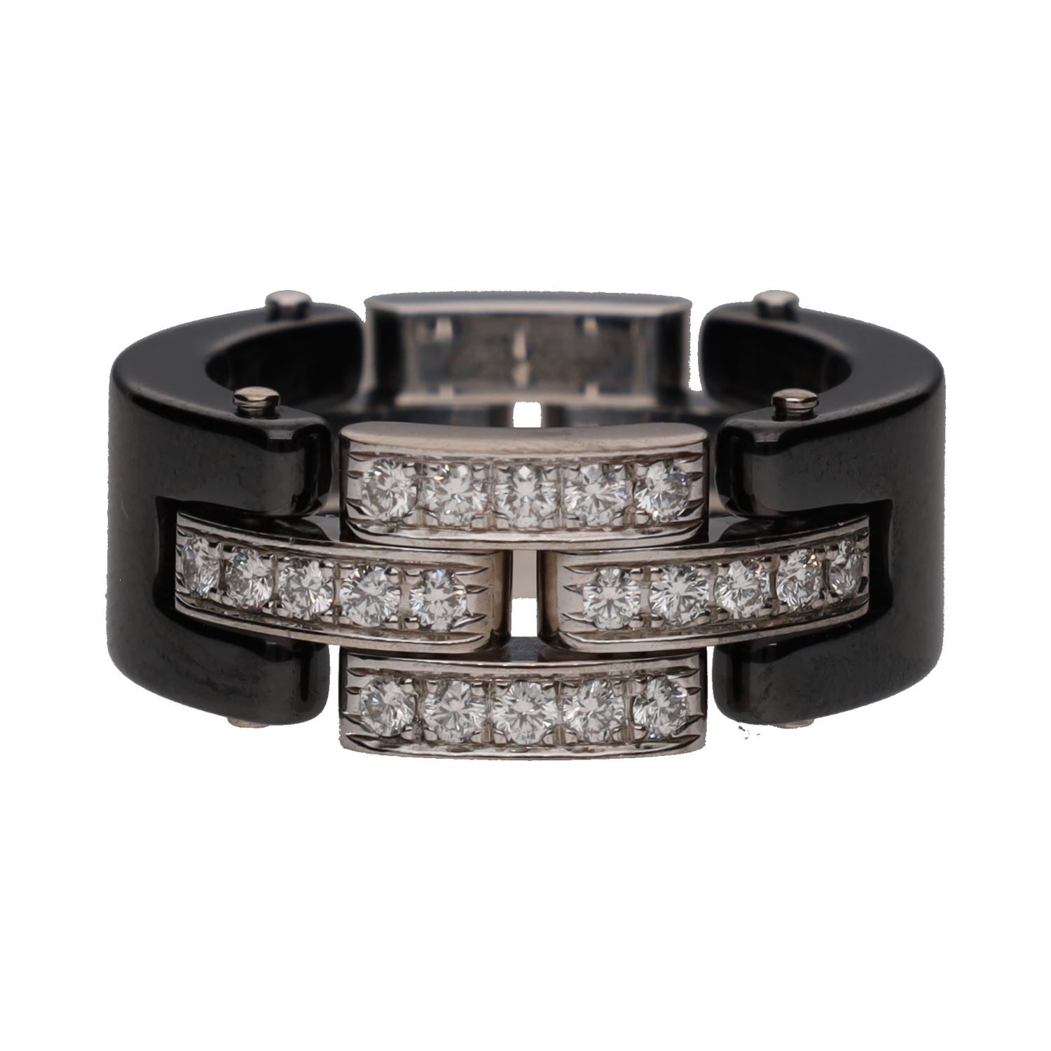 Sortija maillon panthere de cartier en oro blanco con brillantes y cerámica. Talla 51.