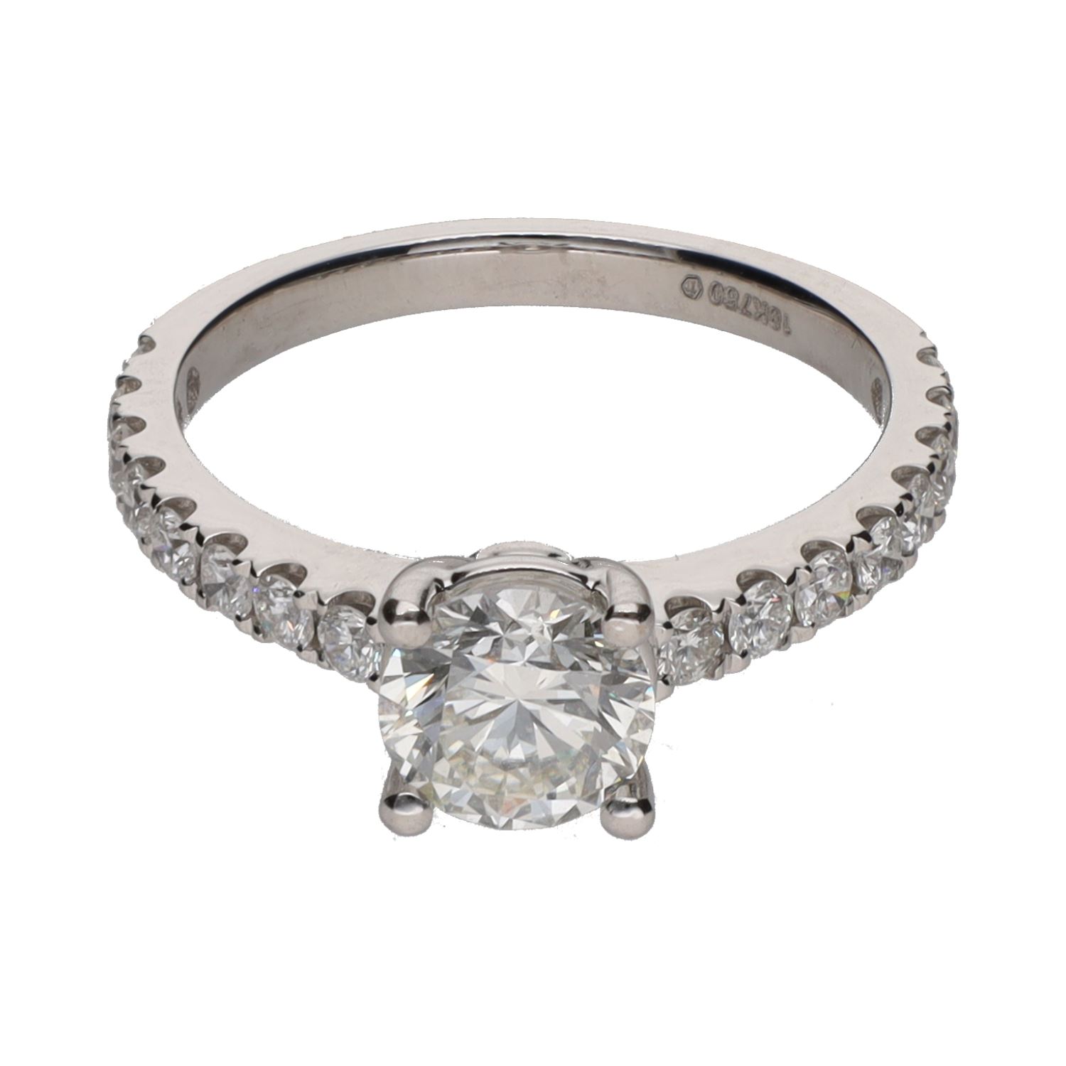 Sortija solitario en oro blanco con brillantes.   Talla 13.