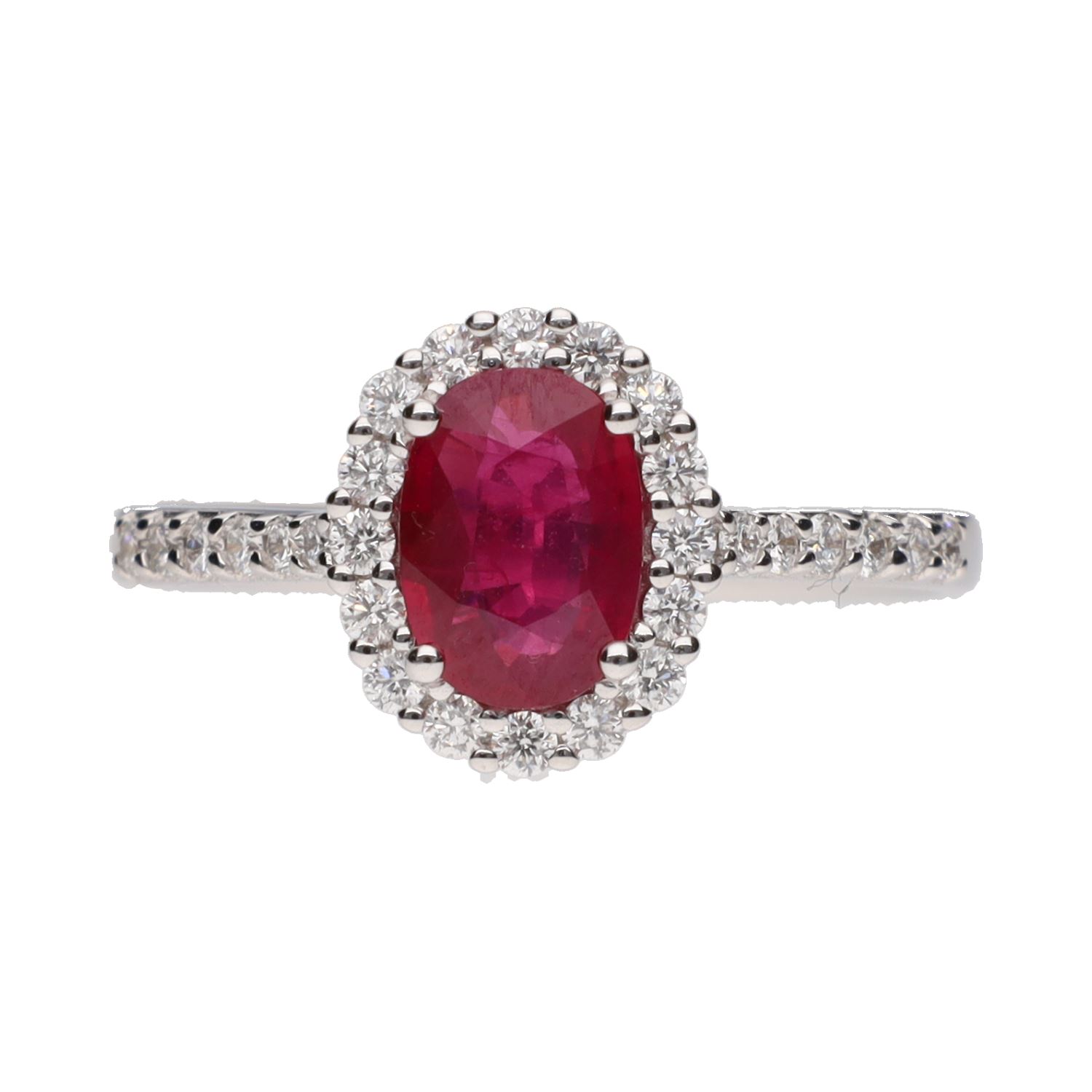 Sortija en oro blanco con rubí y brillantes. Talla 14.