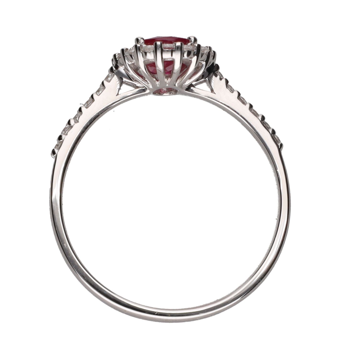 Sortija en oro blanco con rubí y brillantes. Talla 14.