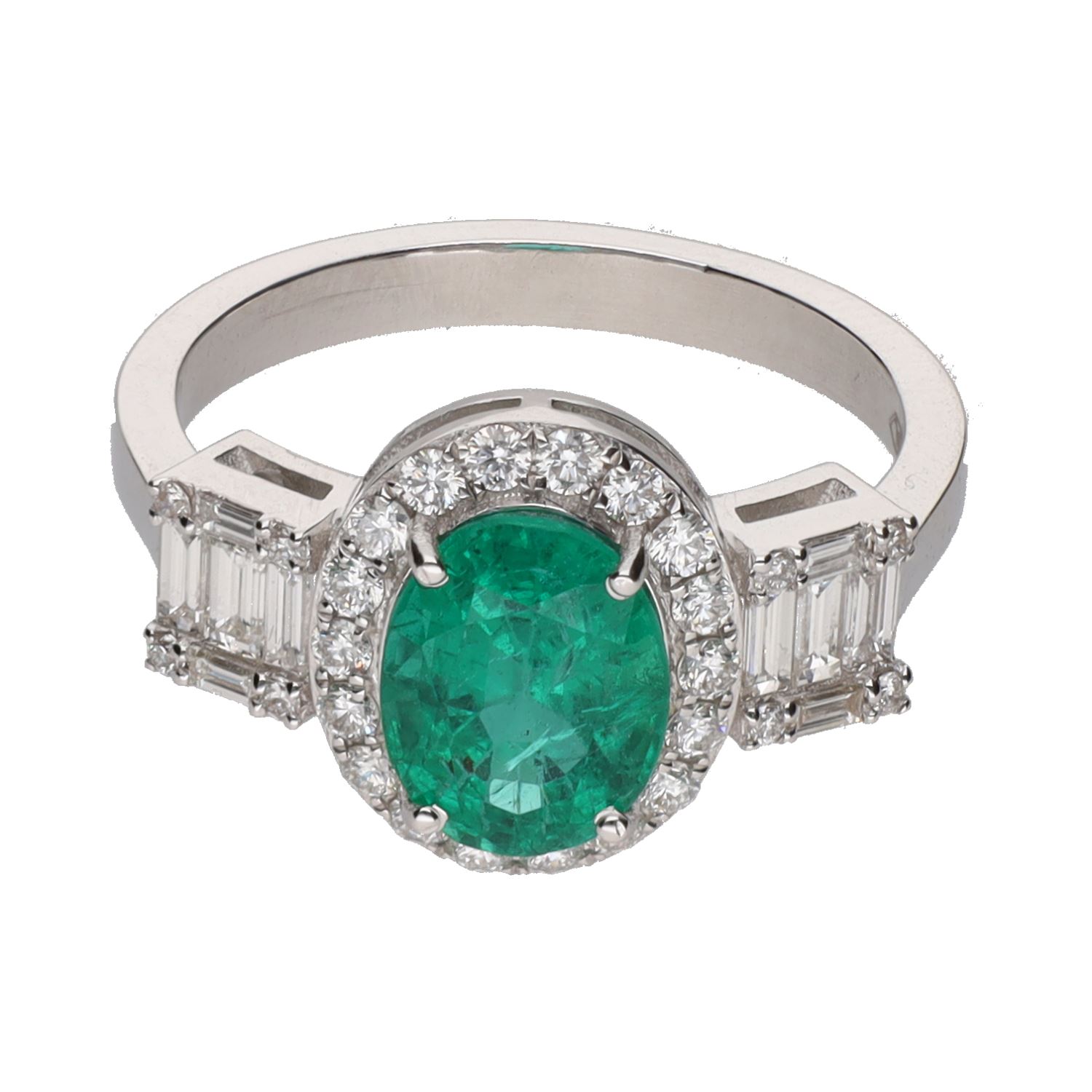 Sortija con esmeralda central y detalles con brillantes. Talla 14.