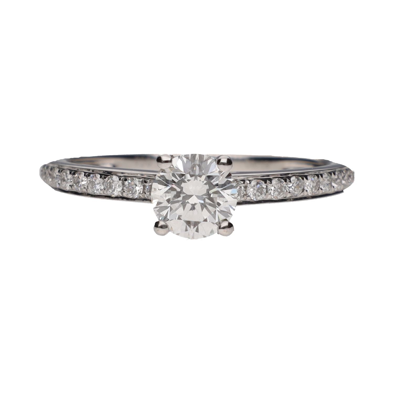 Sortija solitario en oro blanco con brillantes. Talla 14.