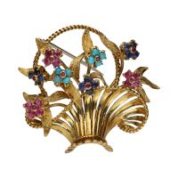 BROCHES / ALFILERES<BR>BROCHE EN FORMA DE CESTA CON FLORES RE...