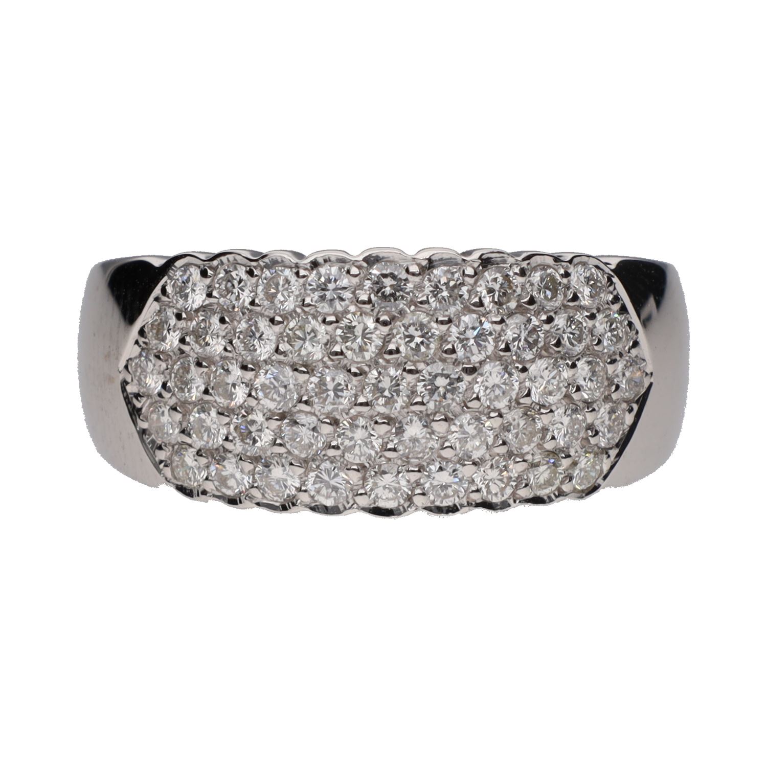 Sortija en oro blanco con cuajado de brillantes. Talla 18.
