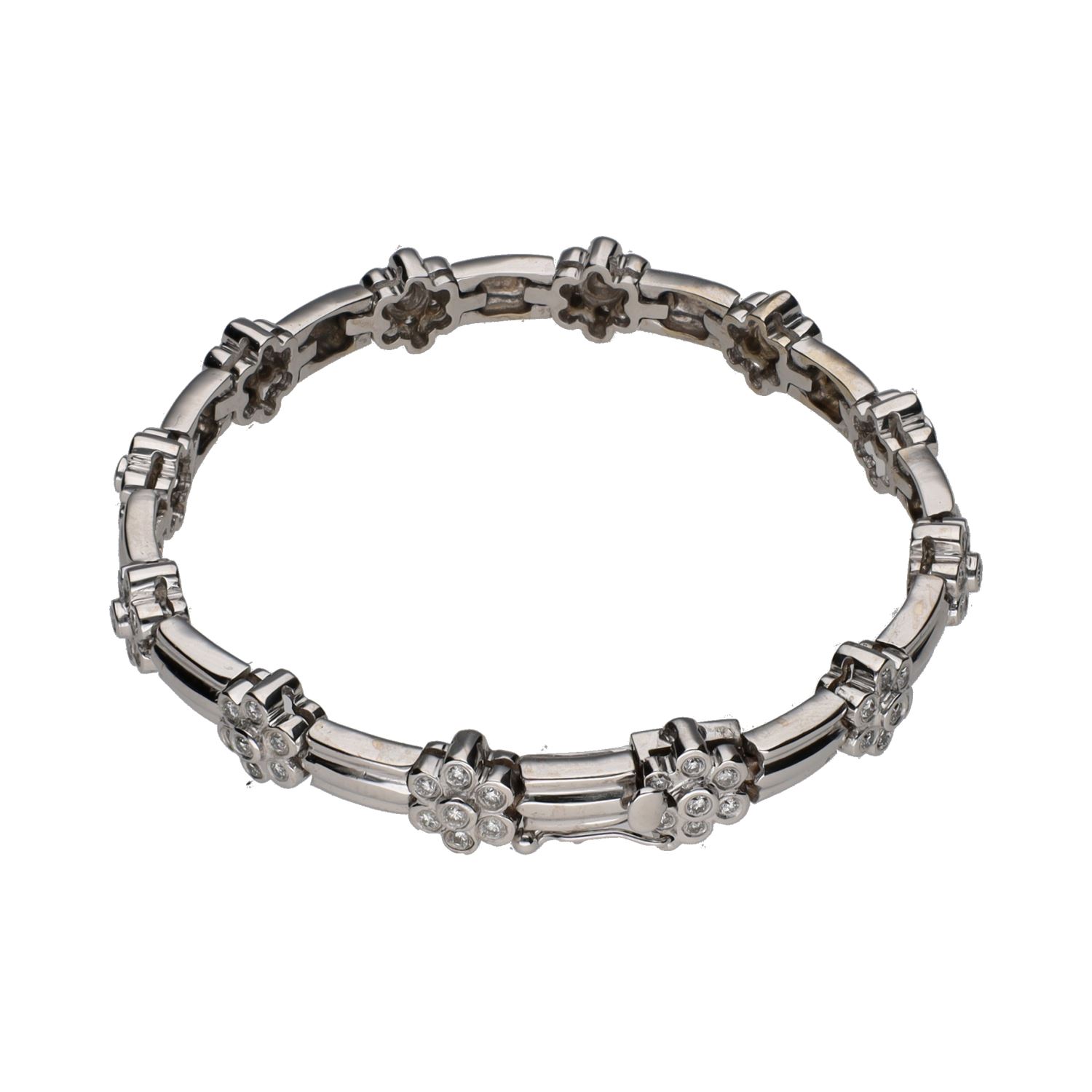 Pulsera en oro blanco con motivos florales en brillantes.
