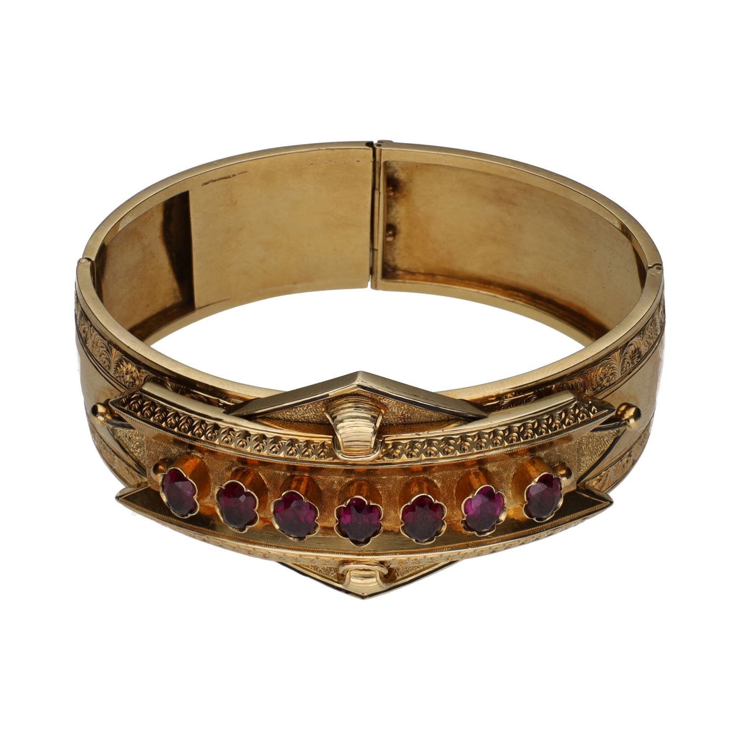 Pulsera antigua ancha en oro amarillo y amatistas.