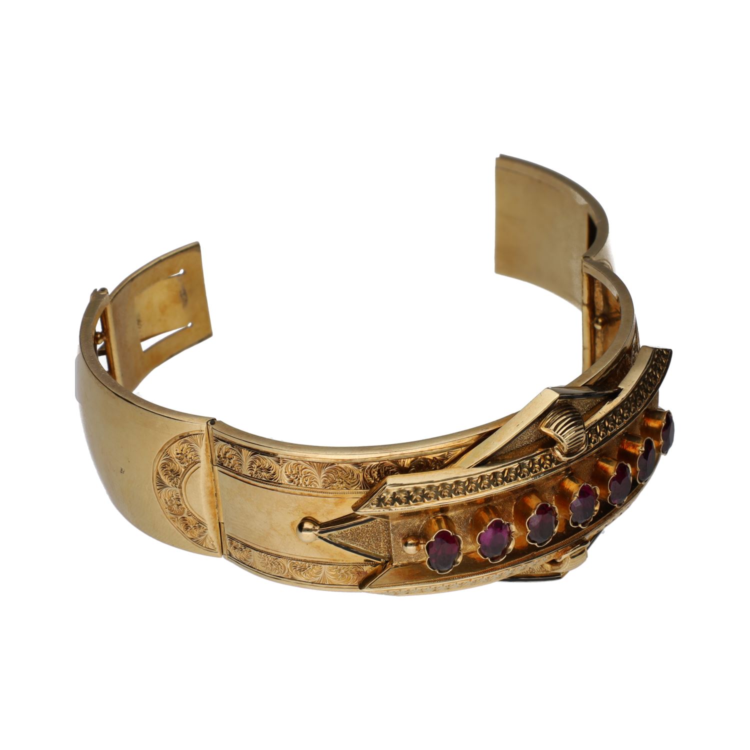 Pulsera antigua ancha en oro amarillo y amatistas.