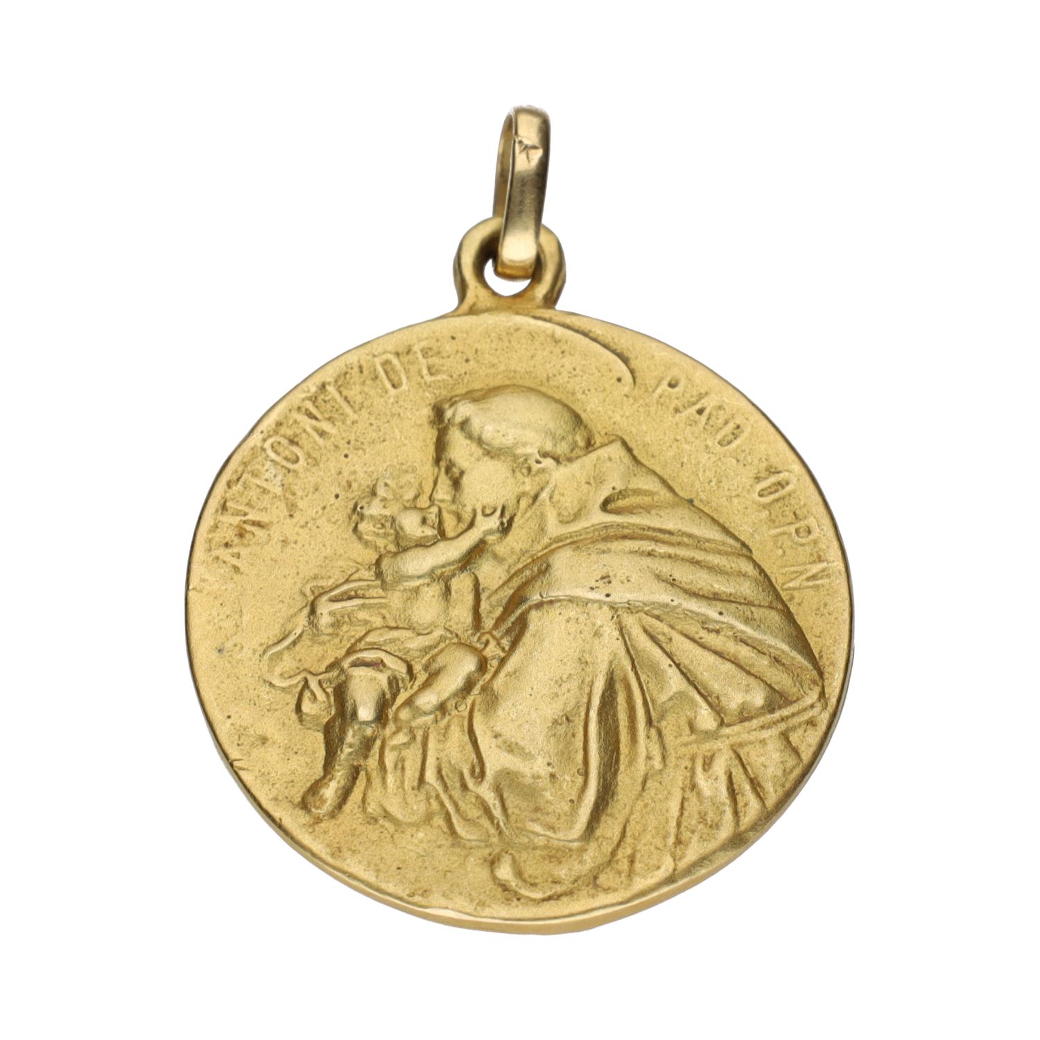 Colgante medalla en oro amarillo con imágenes religiosas.