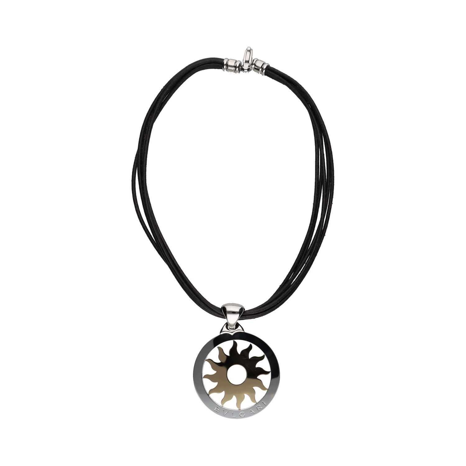 Collar bulgari bulagri en cordón de cuero, acero y oro amarillo.