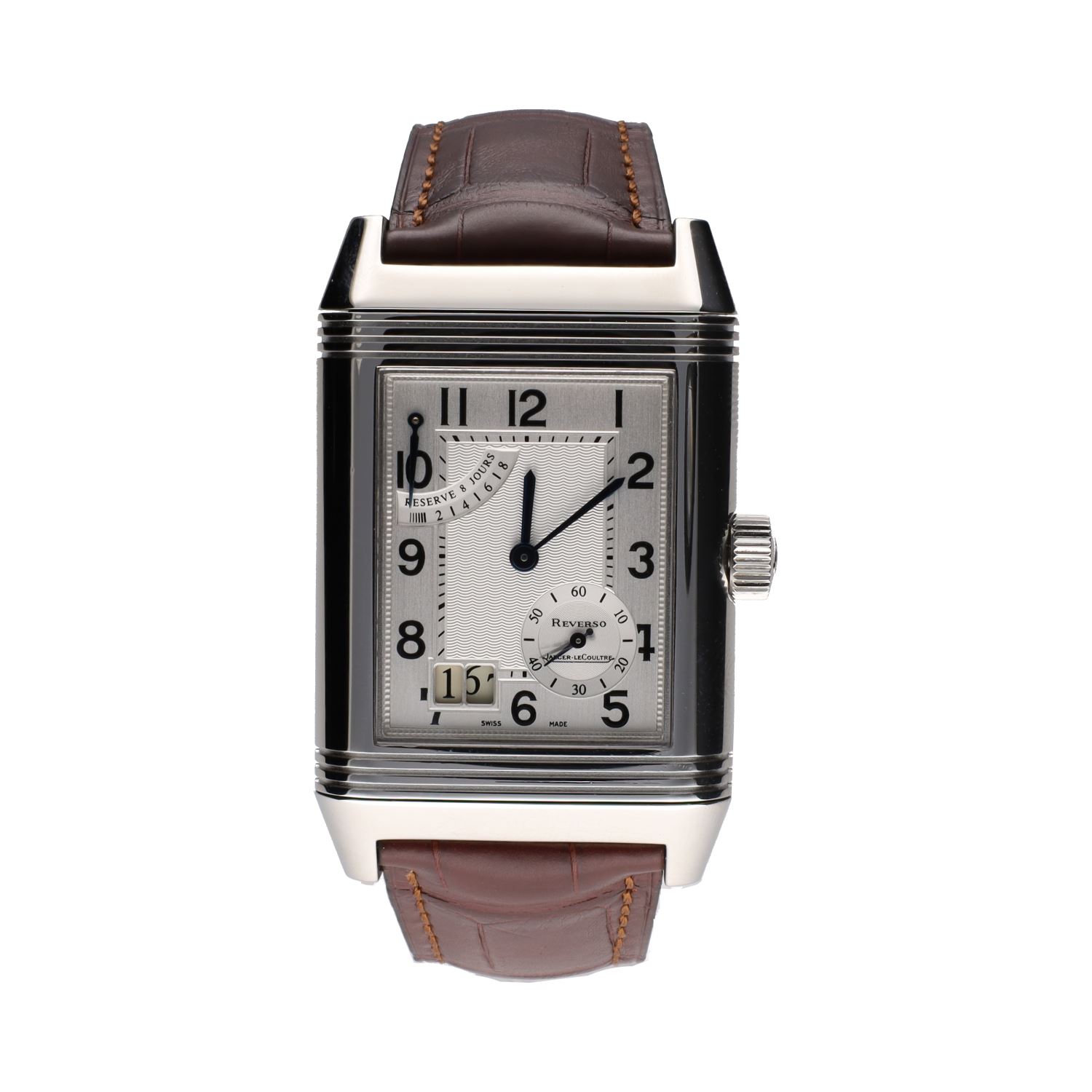 Reverso grande date reserva de marcha acero cuerda manual.  