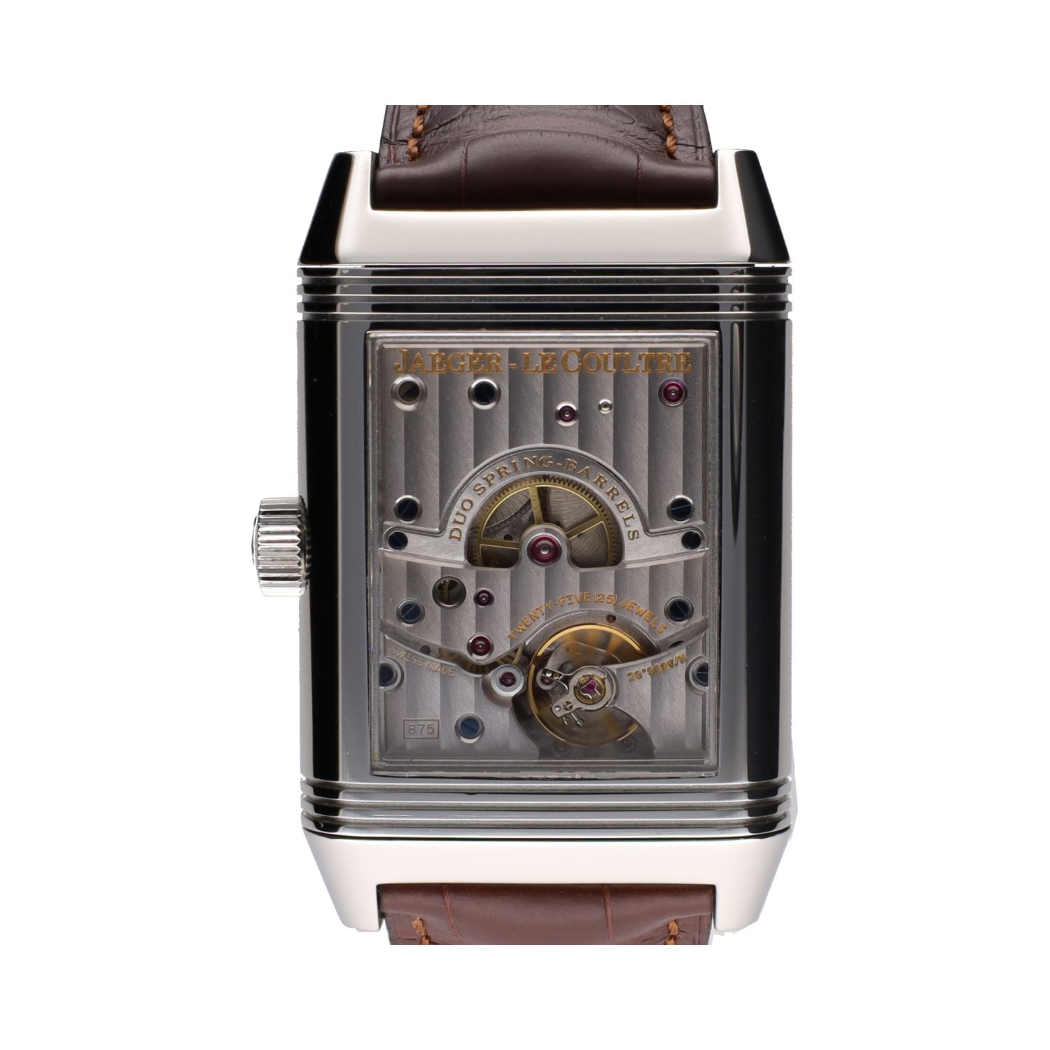 Reverso grande date reserva de marcha acero cuerda manual.  