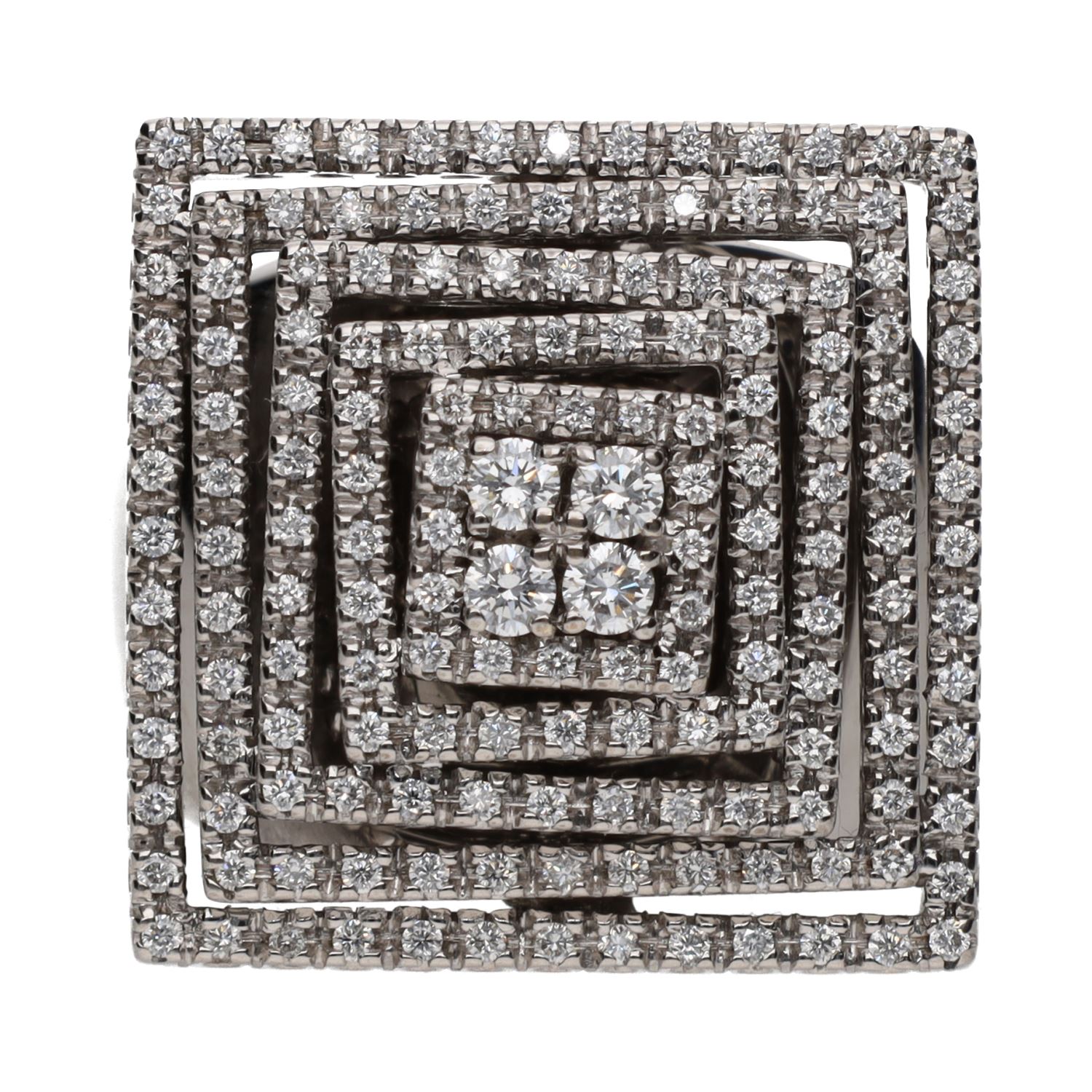 Sortija ancha con forma de pirámide en oro blanco con brillantes. Talla 14.