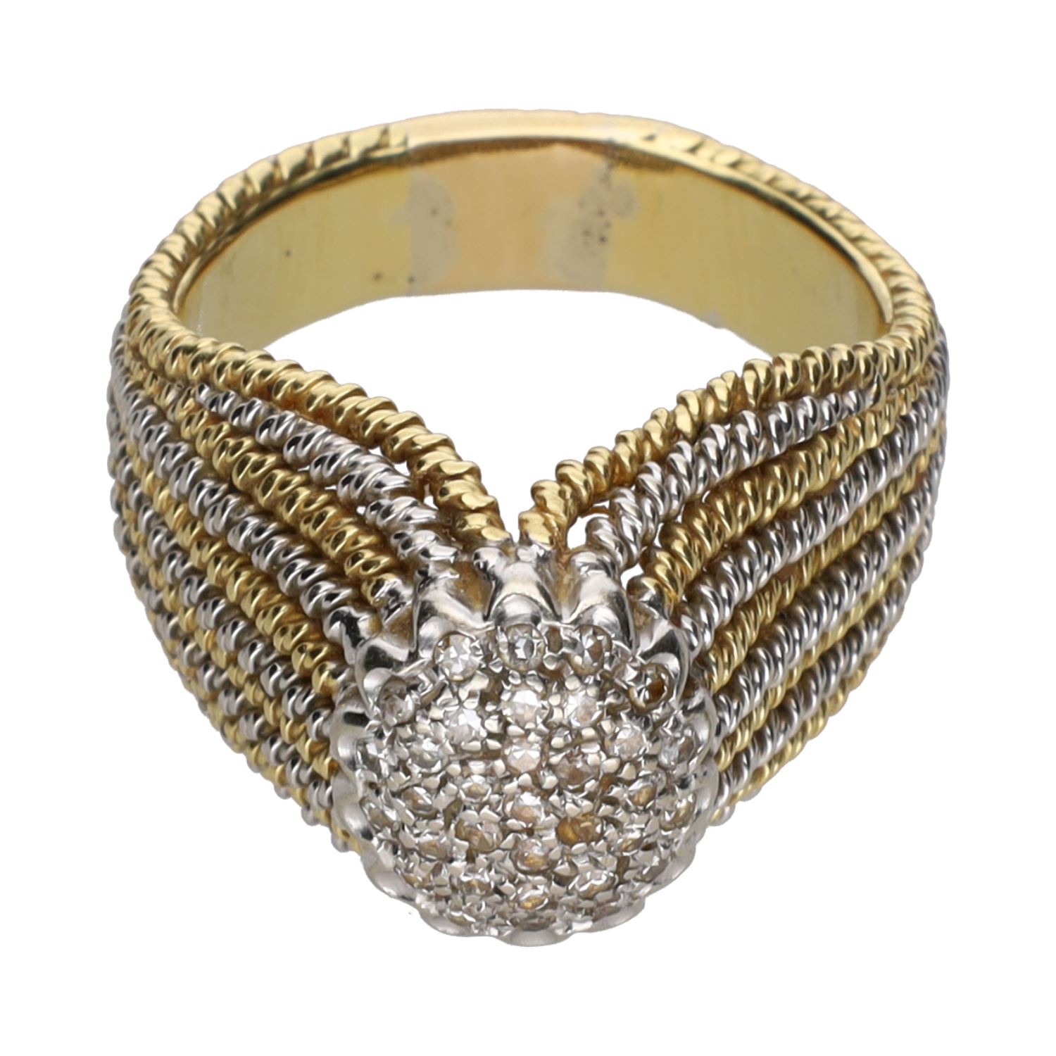 Sortija en oro amarillo y oro blanco con brillantes. Talla 18.