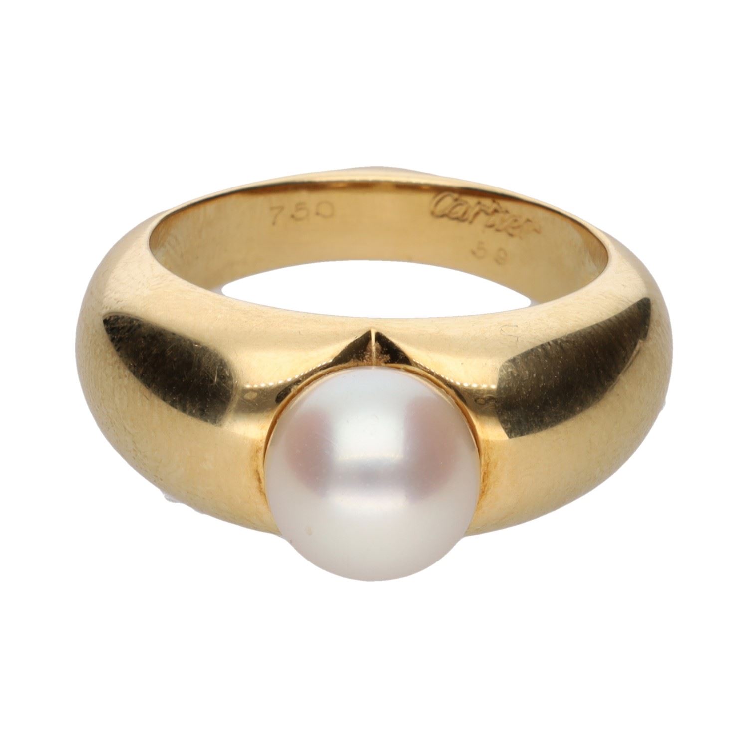 Sortija corazón de cartier en oro amarillo con perla. Talla 59.